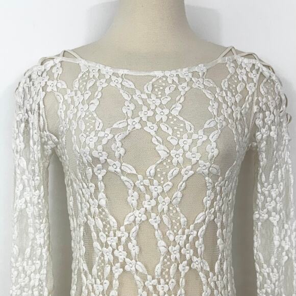 Free People Sheer Lace-Up Shoulder Stretchy Floral Top Blouse White | M - Picture 2 of 9